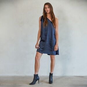 Chic One-Shoulder Satin Navy Blue Mini Shift Dress with Shoulder Bow Tie Detail